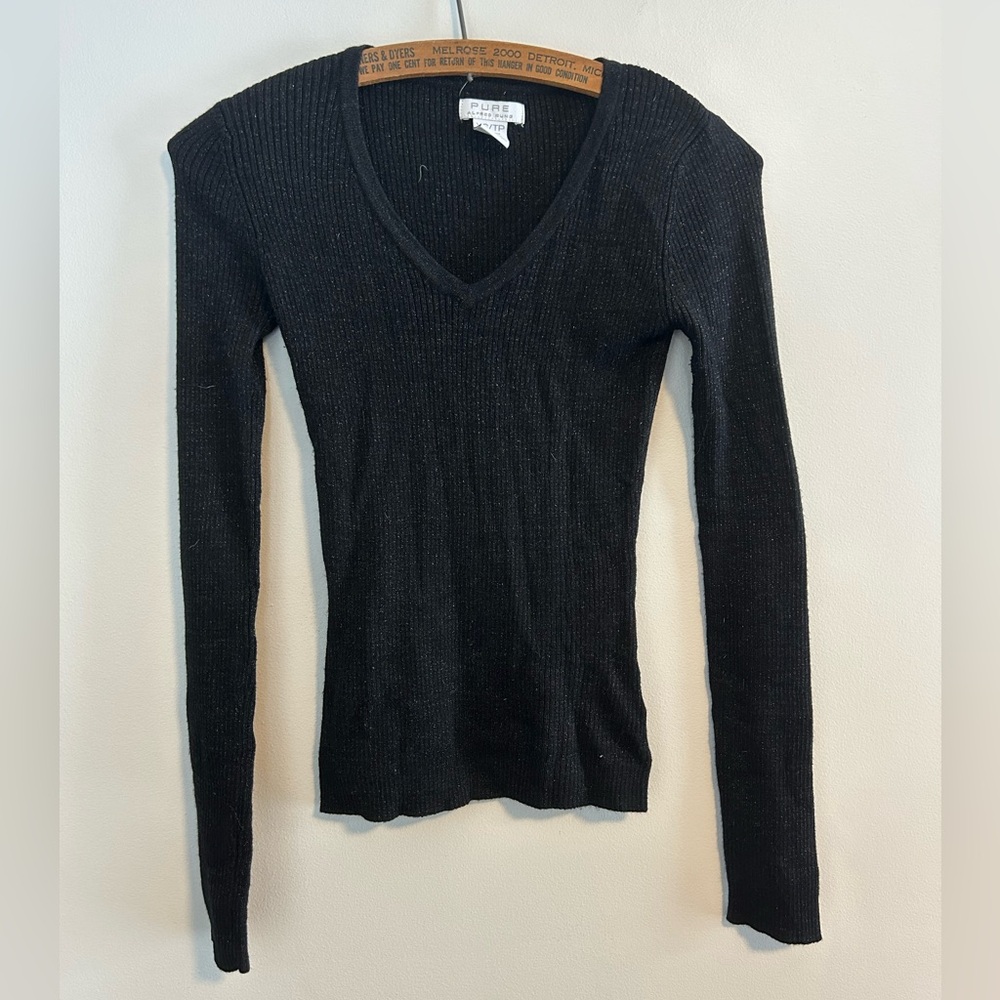 (3/$20) Pure by Alfred sung xs black sparkly vneck ribbed long sleeve sweater
